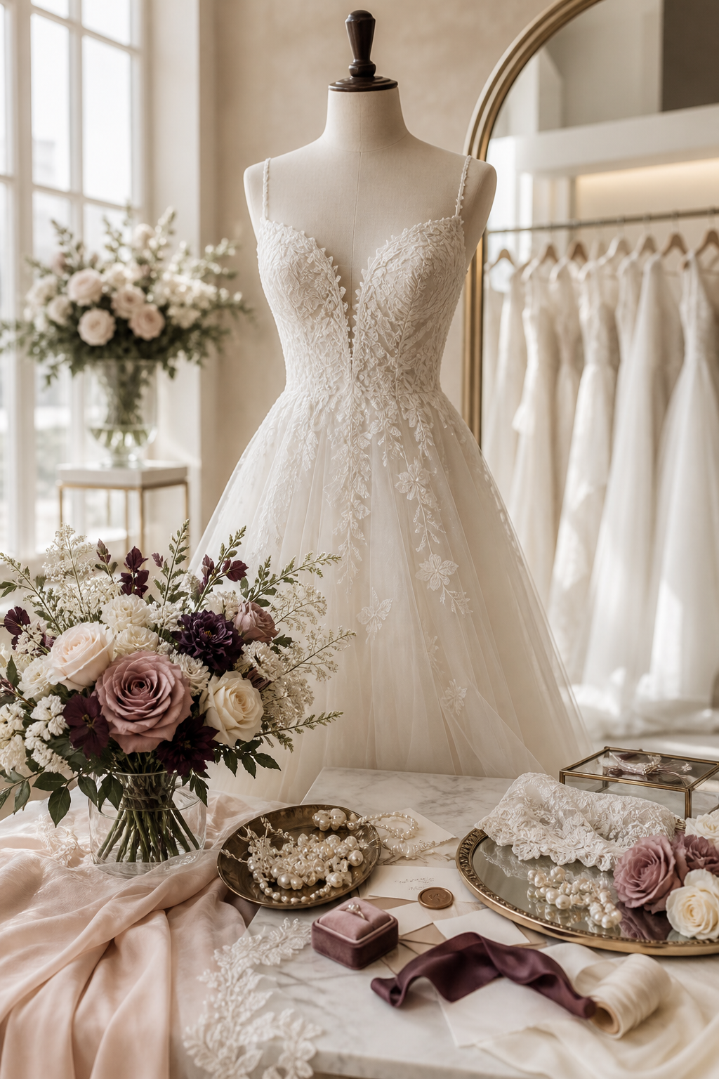 Vestido de noiva e flores em ateliê iluminado