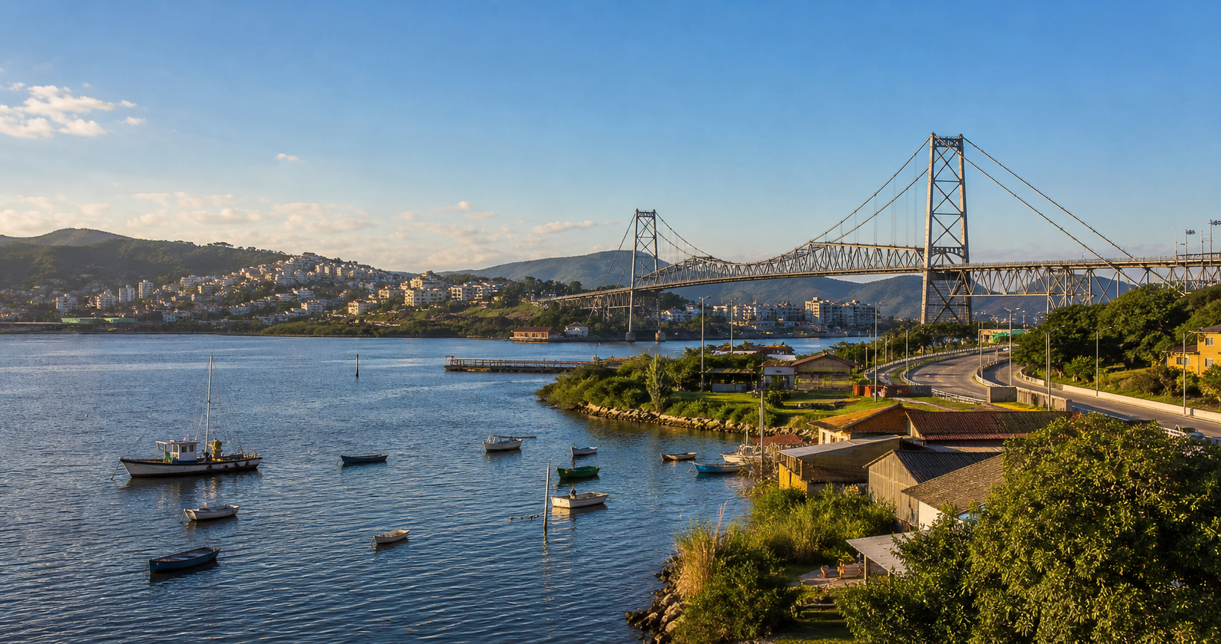 Ponte, mar e área urbana em paisagem costeira