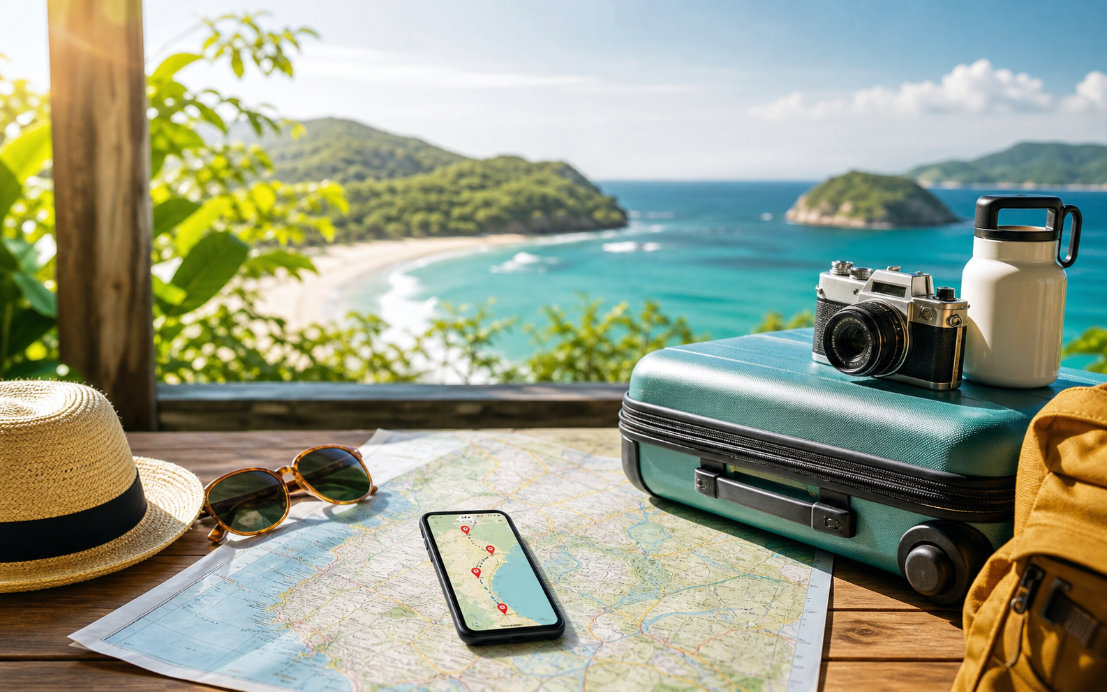 Mala, mapa, câmera e celular diante de uma paisagem litorânea