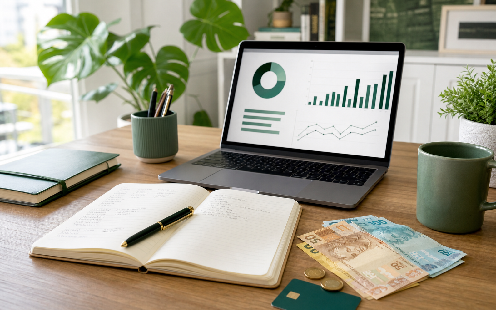 Mesa com computador, caderno e dinheiro para planejamento financeiro
